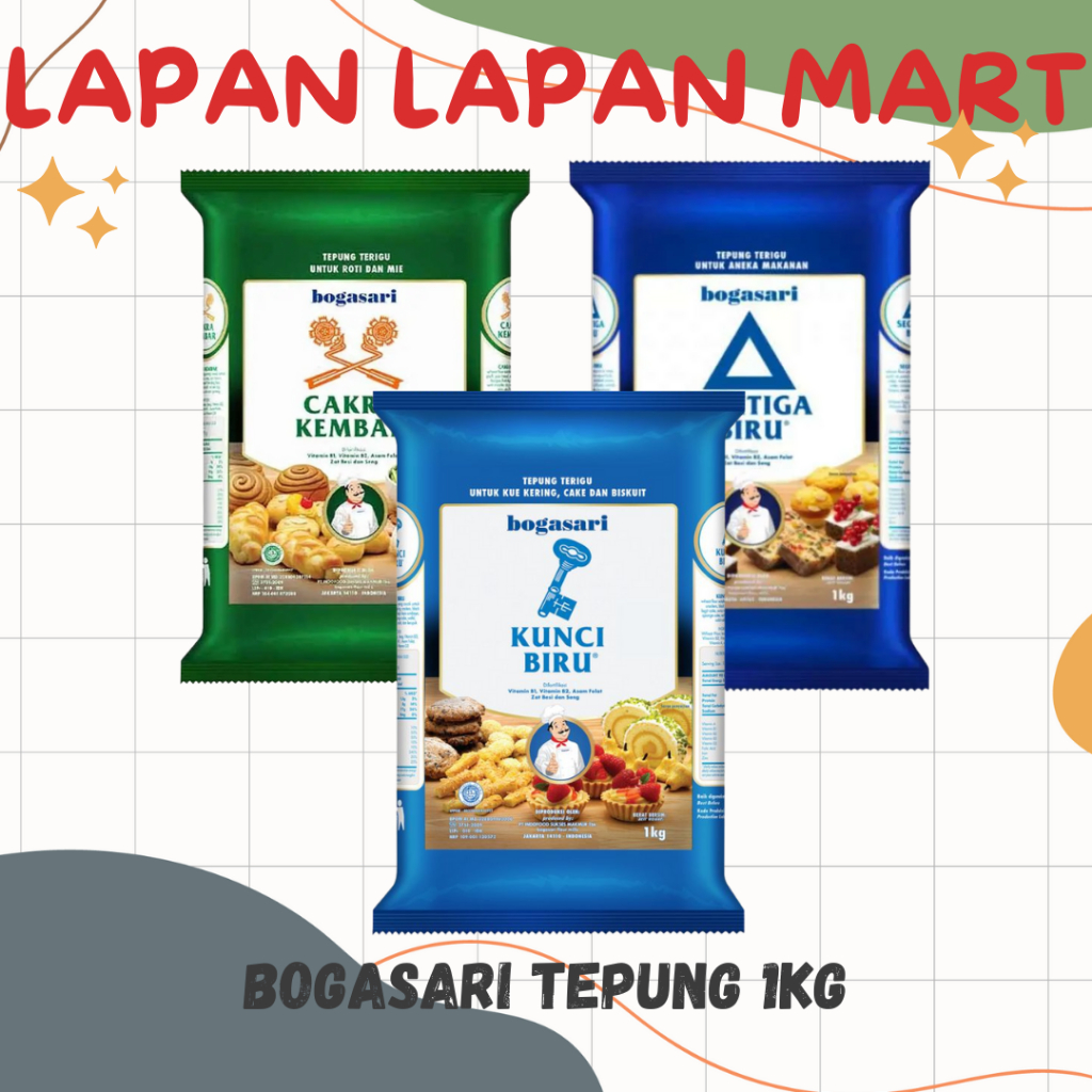 

Bogasari Tepung Cakra Kembar , Segitiga Biru , Kunci Biru 1kg