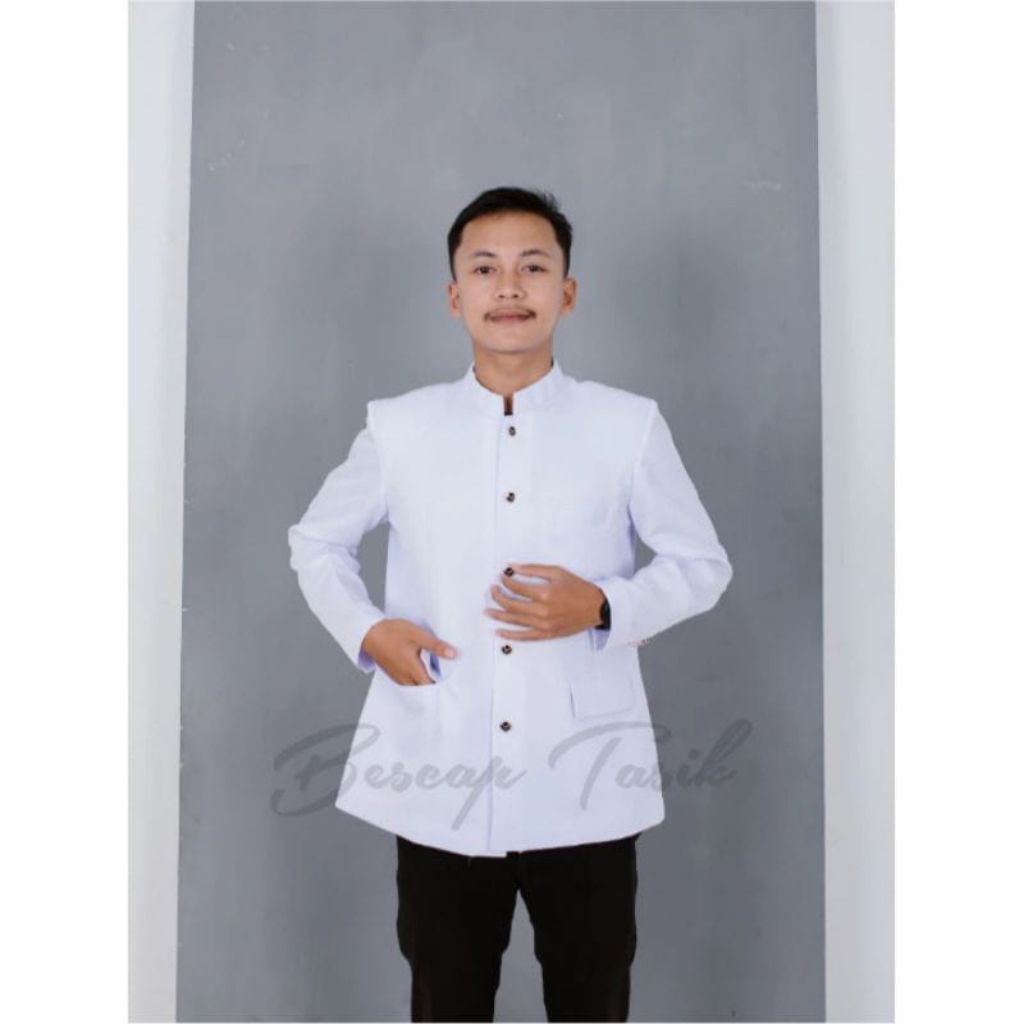 Bescap Jas Koko Pria Putih Premium Polos Saku Tutup  Formal Informal S-XXL
