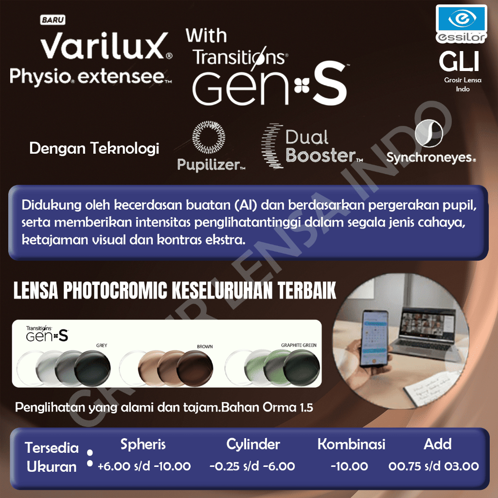 LENSA ESSILOR VARILUX PHYSIO EXTENSEE ORMA 1.5 TRANSITION GEN S GREY/BROWN/GRAPHITE GREEN CRIZAL DRI
