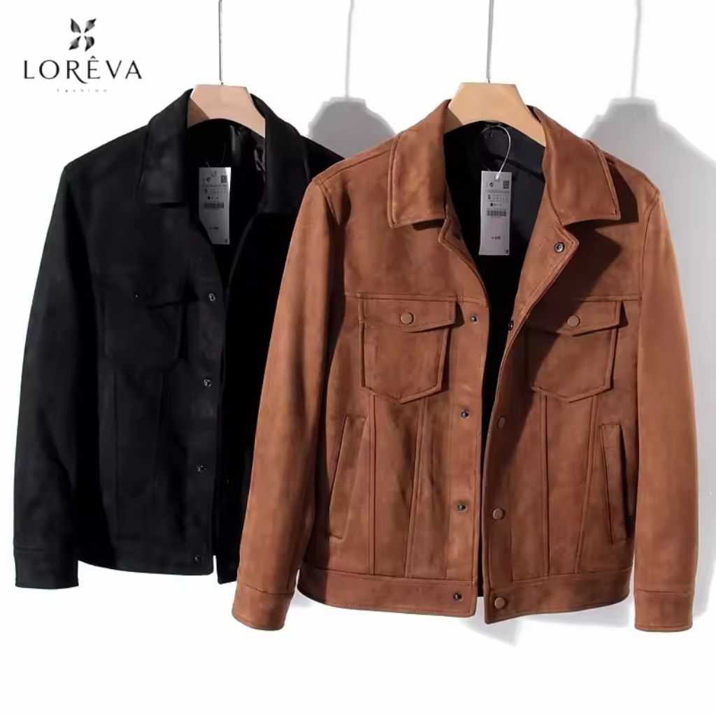 LOREVA Trucker Jaket Suede Boxy Pria Vintage Work Jaket