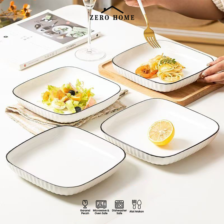 Piring Makan Keramik Persegi Putih Tebal List Hitam