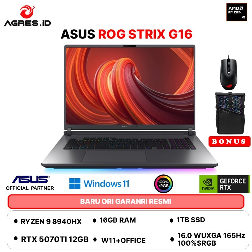 ASUS ROG STRIX G16 G614PR RYZEN 9 8940HX RTX5070TI 16GB 1TB W11+OHS+M365B 16.OWUXGA 165HZ 100SRGB