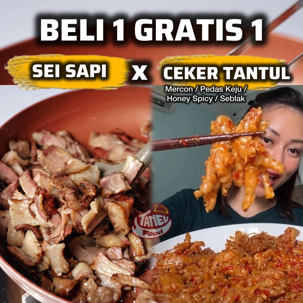 

TANEV FOOD - Beli 1 Gratis 1 Sei Sapi dan Ceker Tanpa Tulang / Ceker Mercon / Ceker Honey Spicy / Ceker Seblak / Dakbal Pedas Keju Ala Richeese