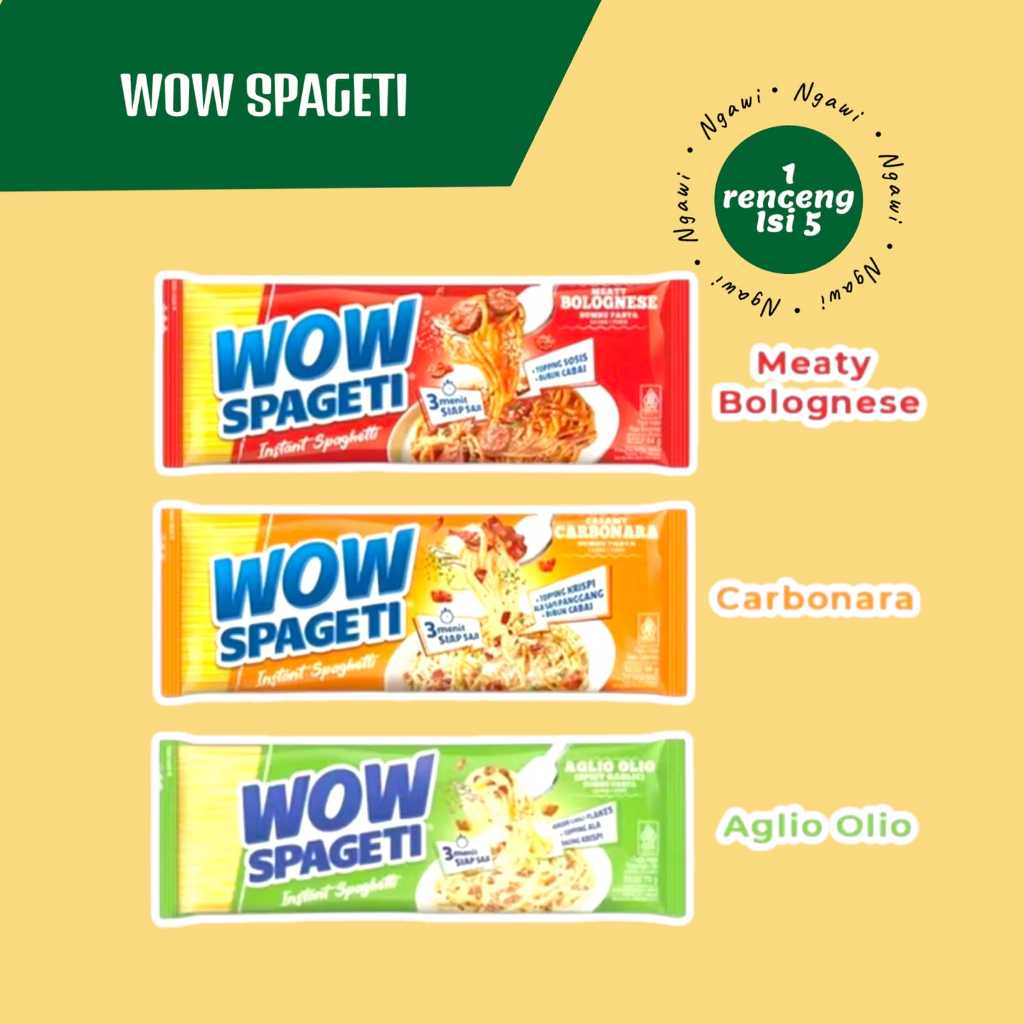 

WOW Spageti 3 RASA, WOW SPAGETI BOLOGNESE, CARBONARA, AGLIO OLIO, spageti instan, spageti