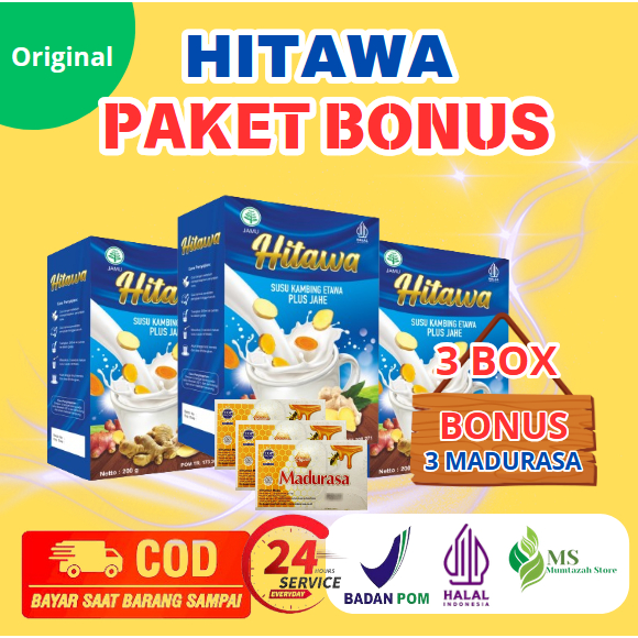 

[ PAKET 3 BOX HITAWA GRATIS 3 MADURASA ] [ BISA COD + GARANSI ] HITAWA Susu Kambing Etawa Plus Herbal Jahe Merah Kunyit Temulawak Mengatasi Nyeri Sendi Lutut Pinggang Rematik Asam Urat Kolesterol
