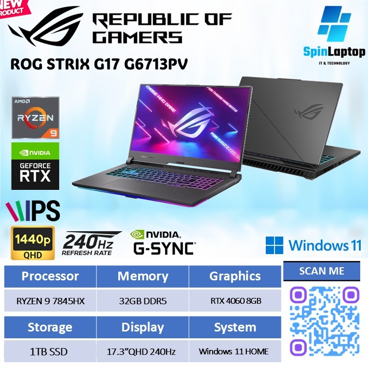 ASUS ROG STRIX G17 G713PV RYZEN 9-7845HX RTX4060 8GB | Laptop Gaming Monster Layar 240Hz 17,3" QHD
