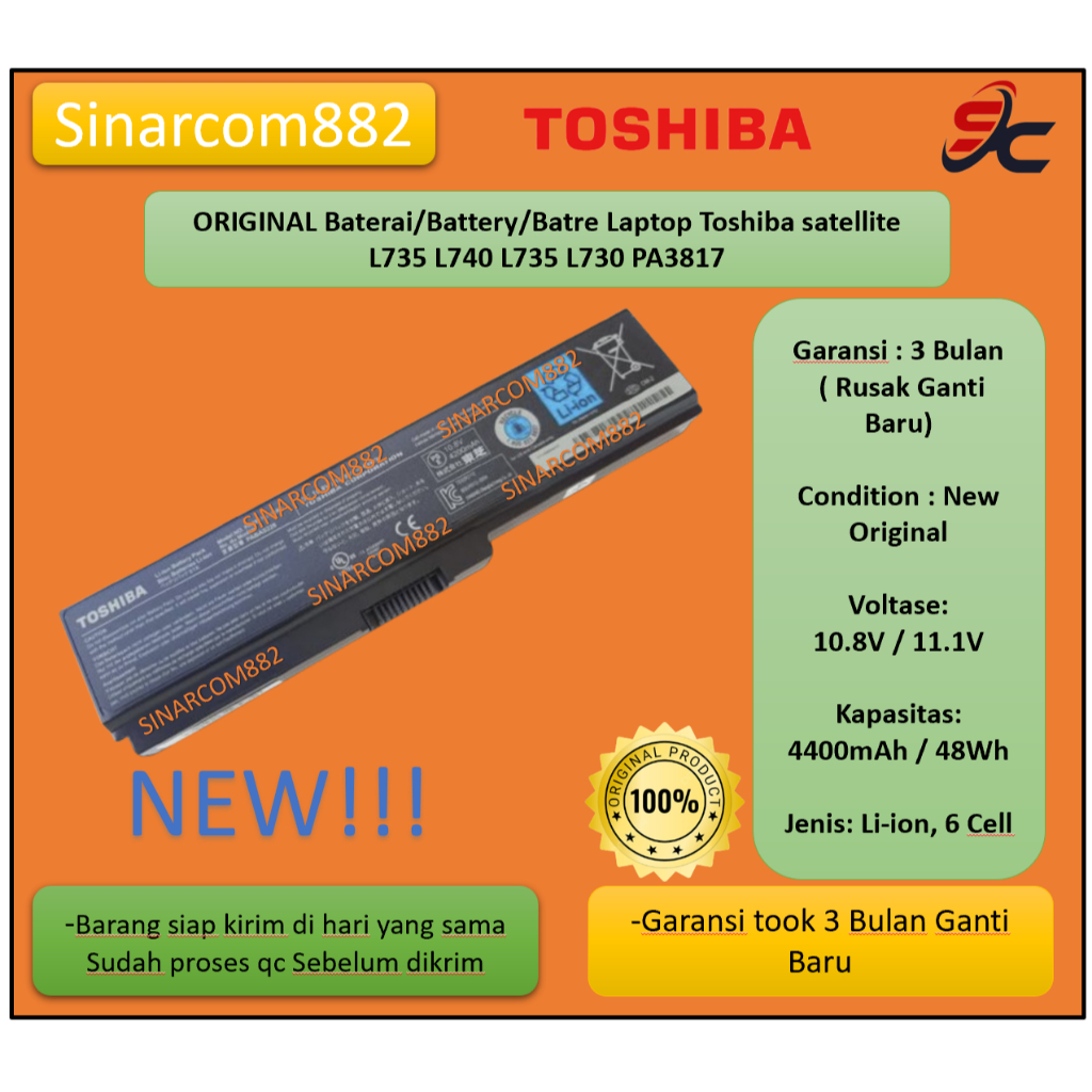 ORIGINAL Baterai/Battery/Batre Laptop Toshiba satellite L735 L740 L735 L730 PA3817
