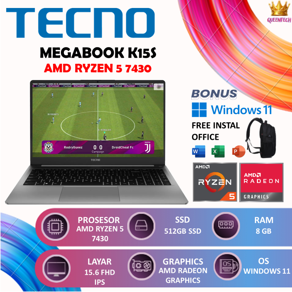 TECNO MEGABOOK K15S AMD Ryzen 5 7430 [8GB/512GB] Windows 11 15.6 FHD IPS