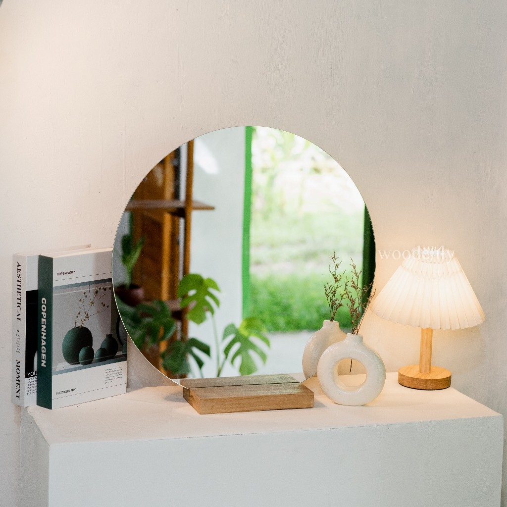 Cermin Lingkaran + Penyangga Kayu / Cermin Aesthetic / Cermin Bulat / Cermin Dinding / Kaca Aestheti