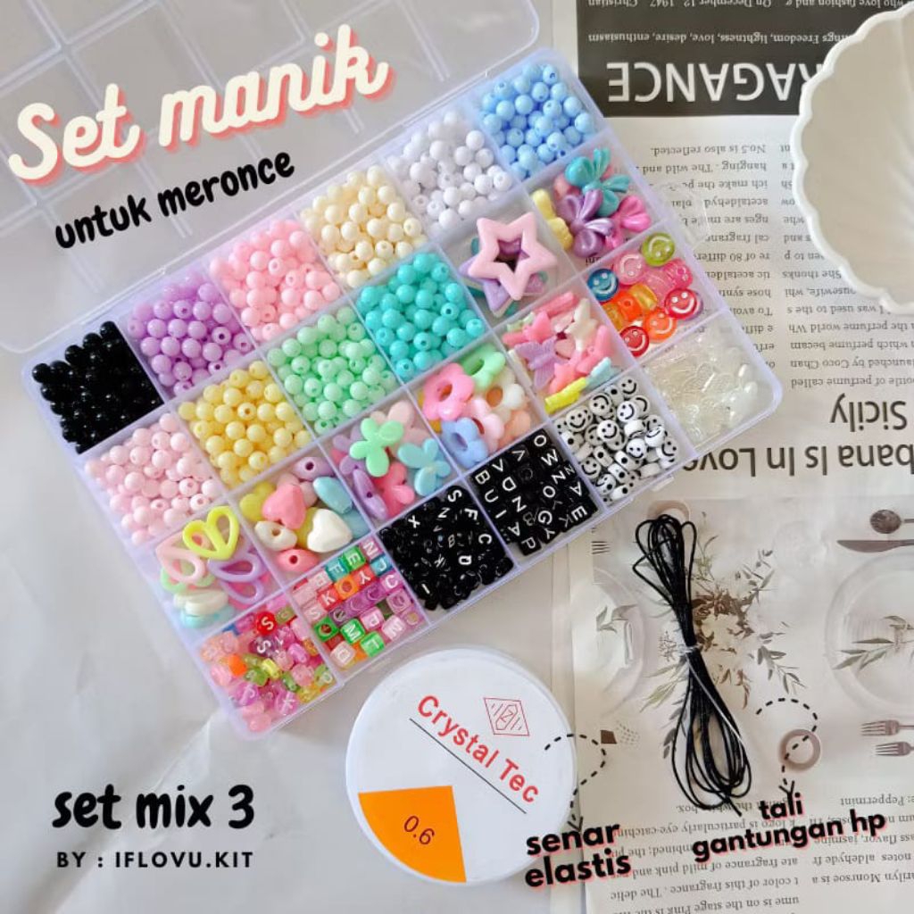 Set Box Manik Pasir 8.0 3mm 24warna - Manik Pasir Payet Jepang warna Aesthetic Bonus Senar