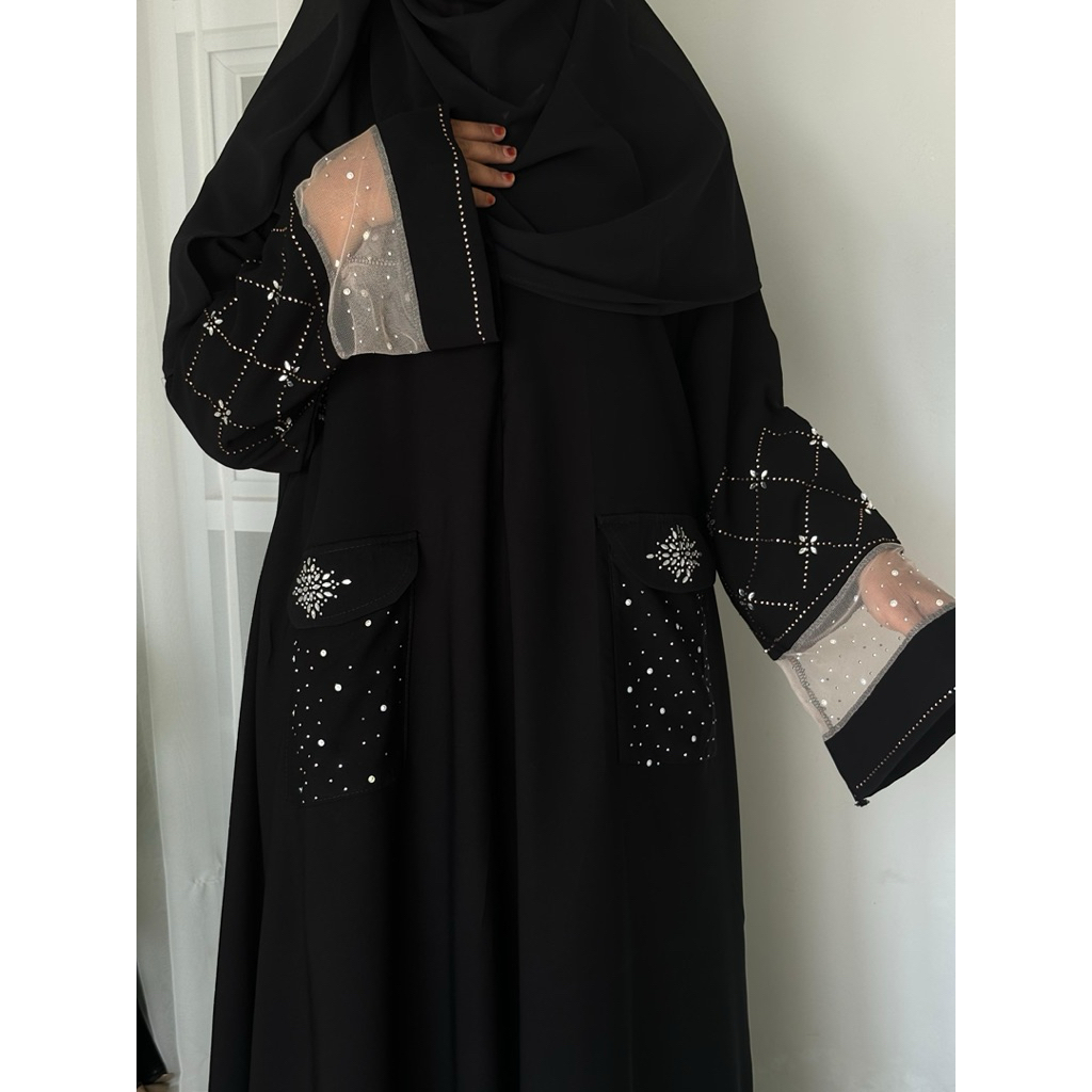 Abaya Helwa dewasa jetblack premium mewah/abaya hitam swaroski/abaya jumbo terbaru/abaya terlaris