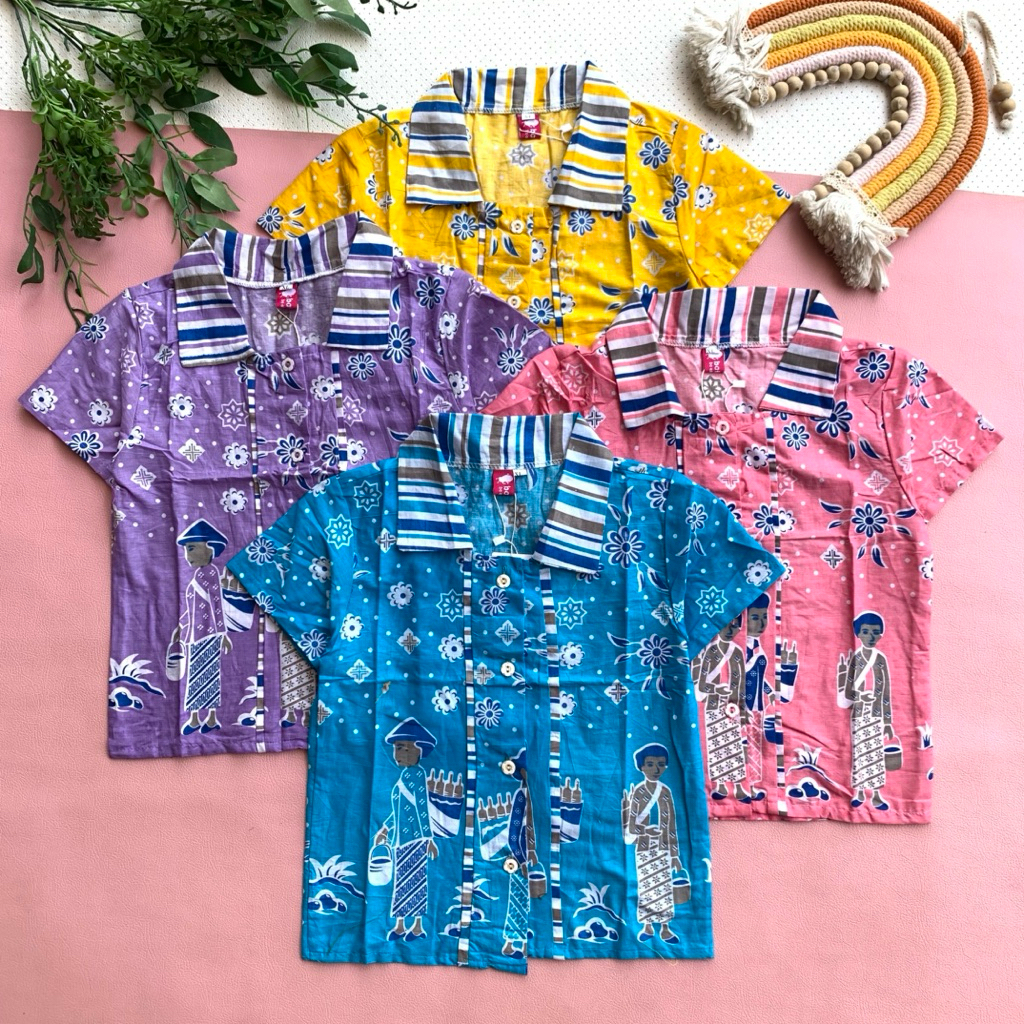 BATIK KIDS Blus Batik Anak Gebby Motif Bu Jamu Berkancing Depan Kerah Lurik Cantik Lucu