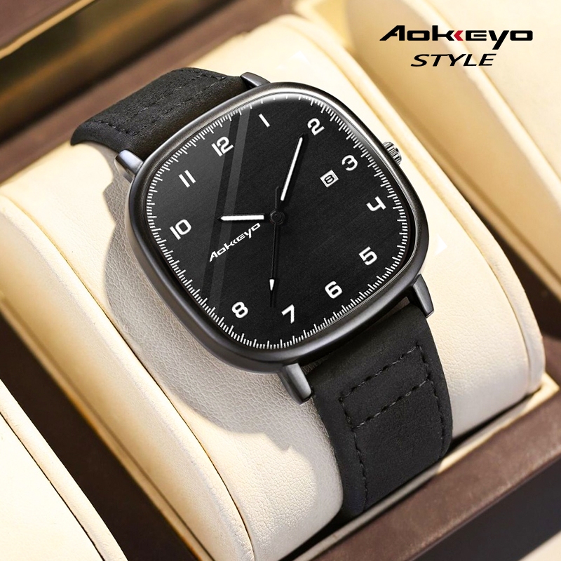 AOKEYO F043 Jam Tangan Pria Kulit Anti Air Original Terbaru Casual Tahan Air Square Leather Jam Tang