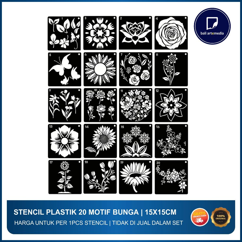 

Plastik Stensil Motif Flower Dekoratif 15x15cm - Motif Cetakan Bunga - Harga untuk 1pcs Stensil - Bali Artemedia