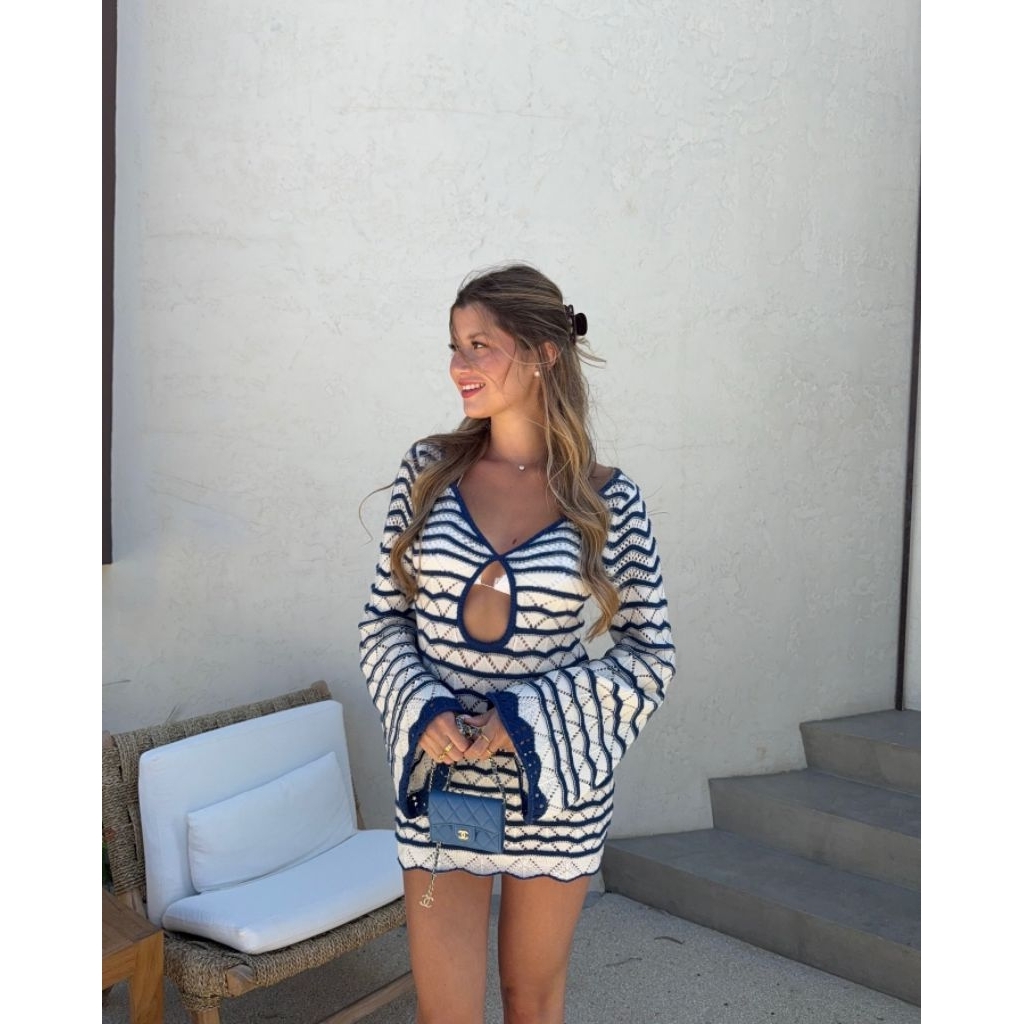 Bhusana Castle 78286 blue stripe cut out sexy knit dress / dress rajut wanita