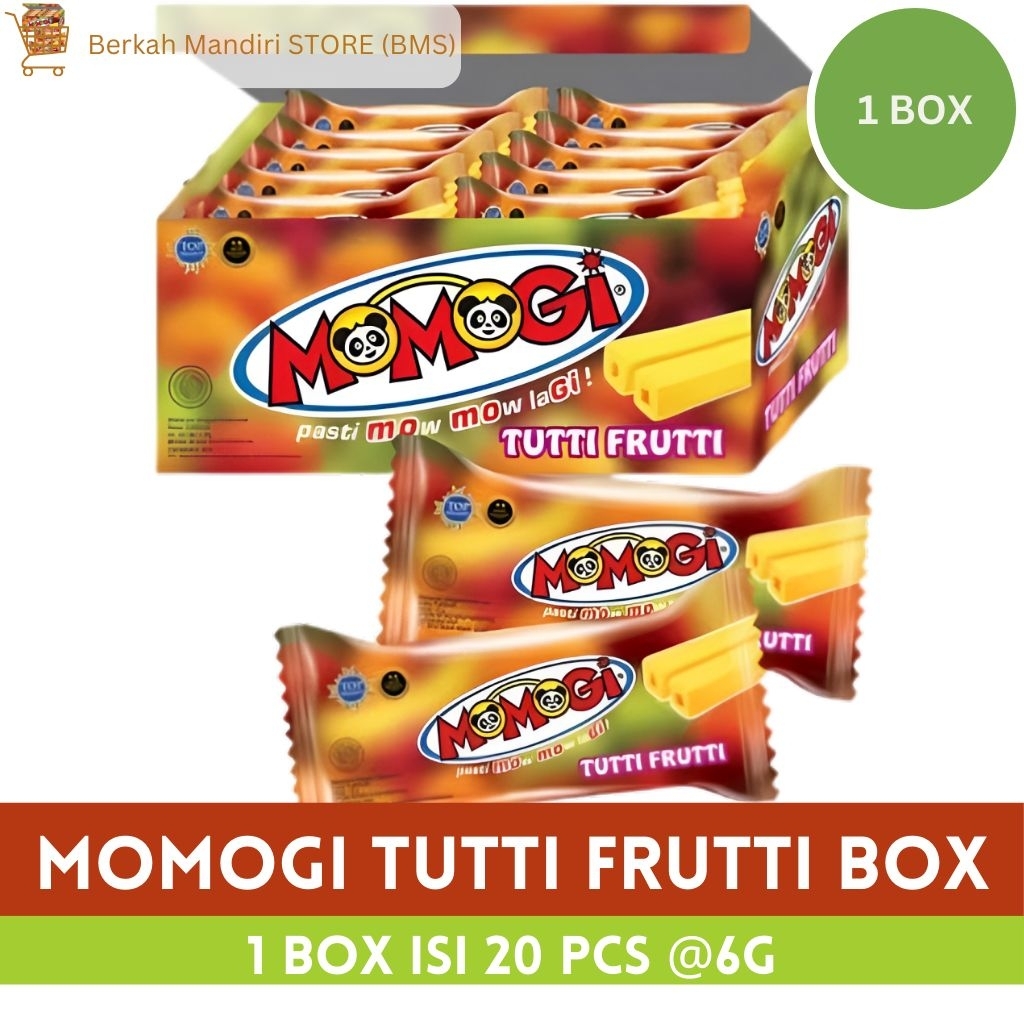

Momogi Tutti Frutti Stick Snack – 1 Box Isi 20 Pcs @6gr | Camilan Ringan Renyah Rasa Buah