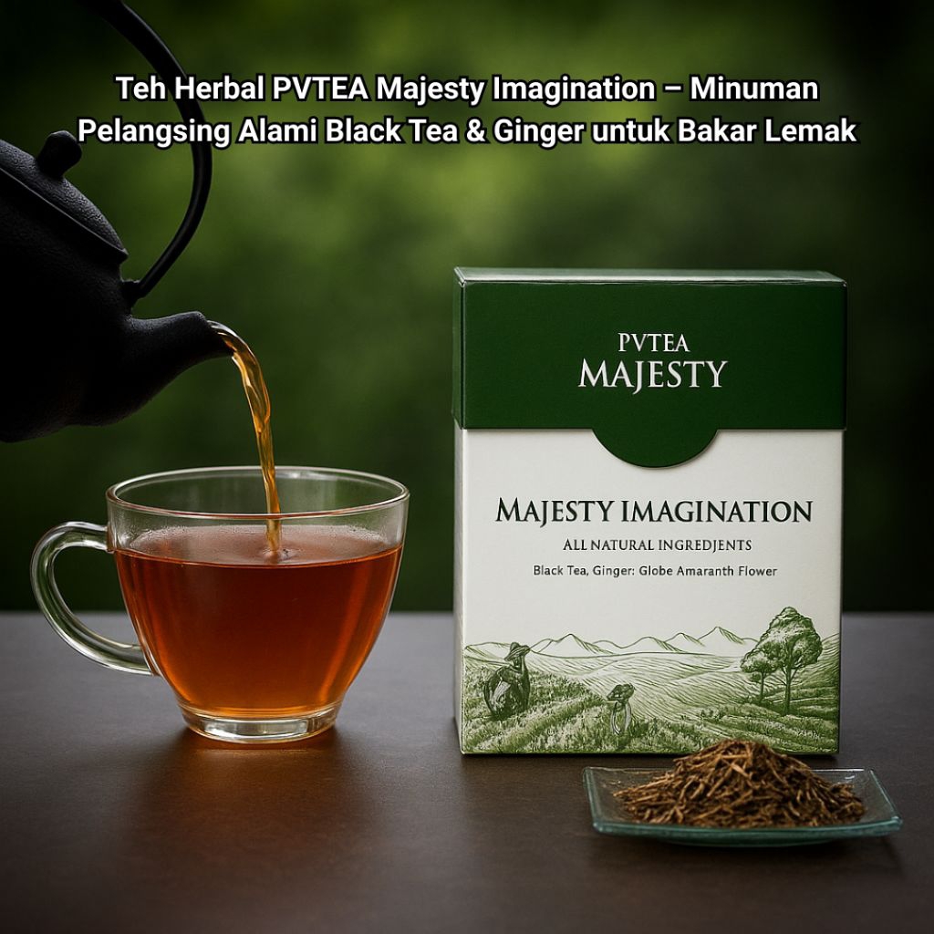 

Teh Herbal PVTEA Majesty Imagination – Minuman Pelangsing Alami Black Tea & Ginger untuk Bakar Lemak, Metabolisme Sehat & Tubuh Ideal
