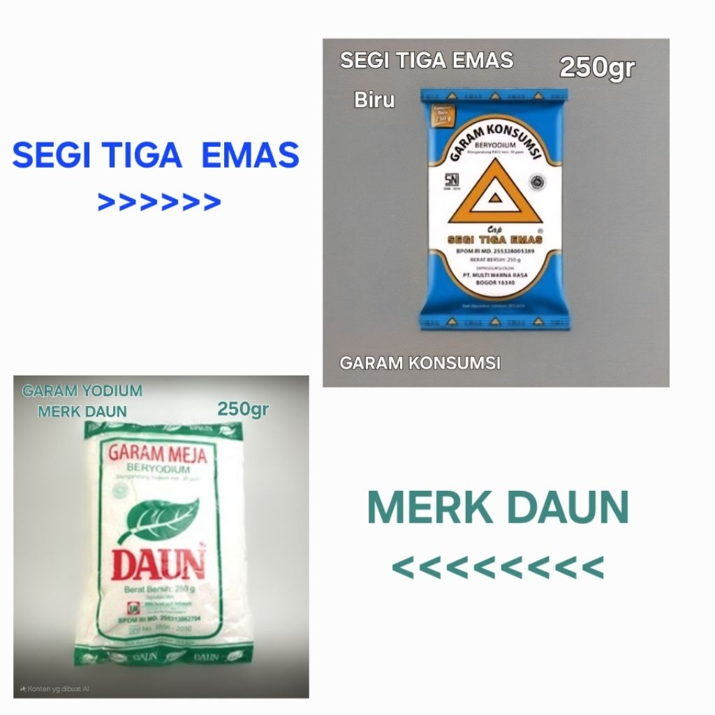 

garam meja/ dapur / konsumsi merk daun atau segitiga emas 250gr