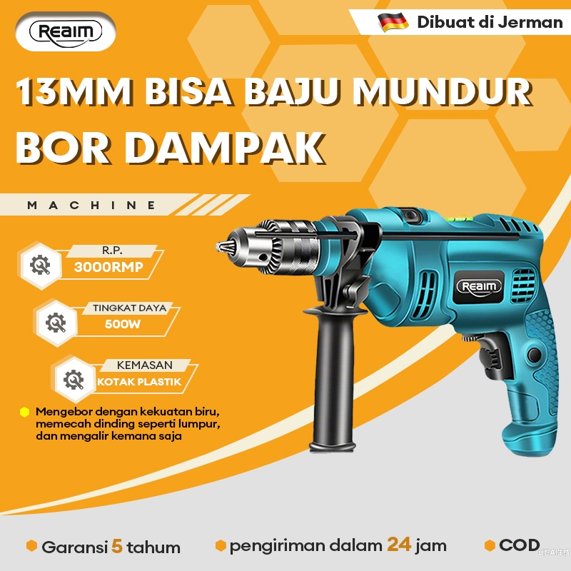 REAIM 【Motor tembaga murni】Mesin Bor Listrik 13mm Bolak Balik Electric Drill Bor Beton Kayu Besi Tem