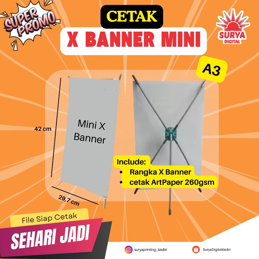 Custom Cetak Mini X Banner / Tripod Stand Benner / Banner A3 Booth Toko Murah Cepat