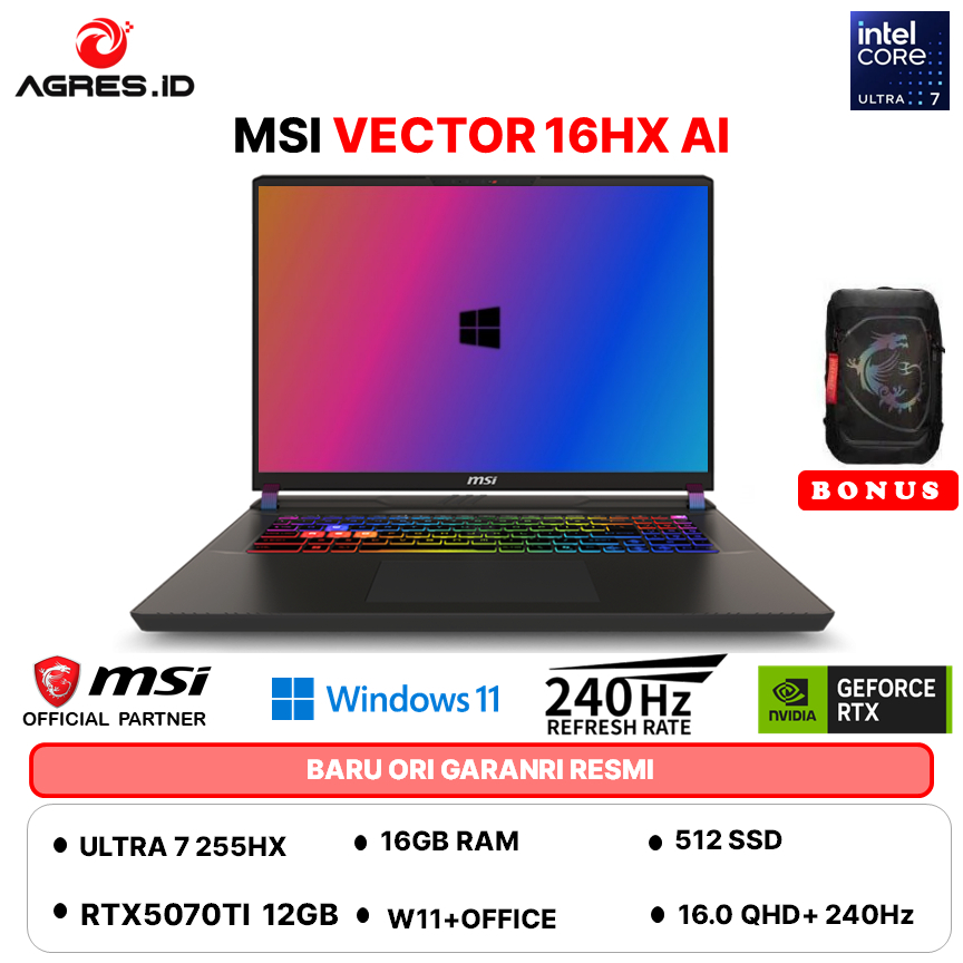MSI VECTOR 16HX ULTRA 7 255HX RTX5070TI 12GB RAM 16GB 512GB W11+OHS 16.0QHD 240HZ - A2XWHG.239