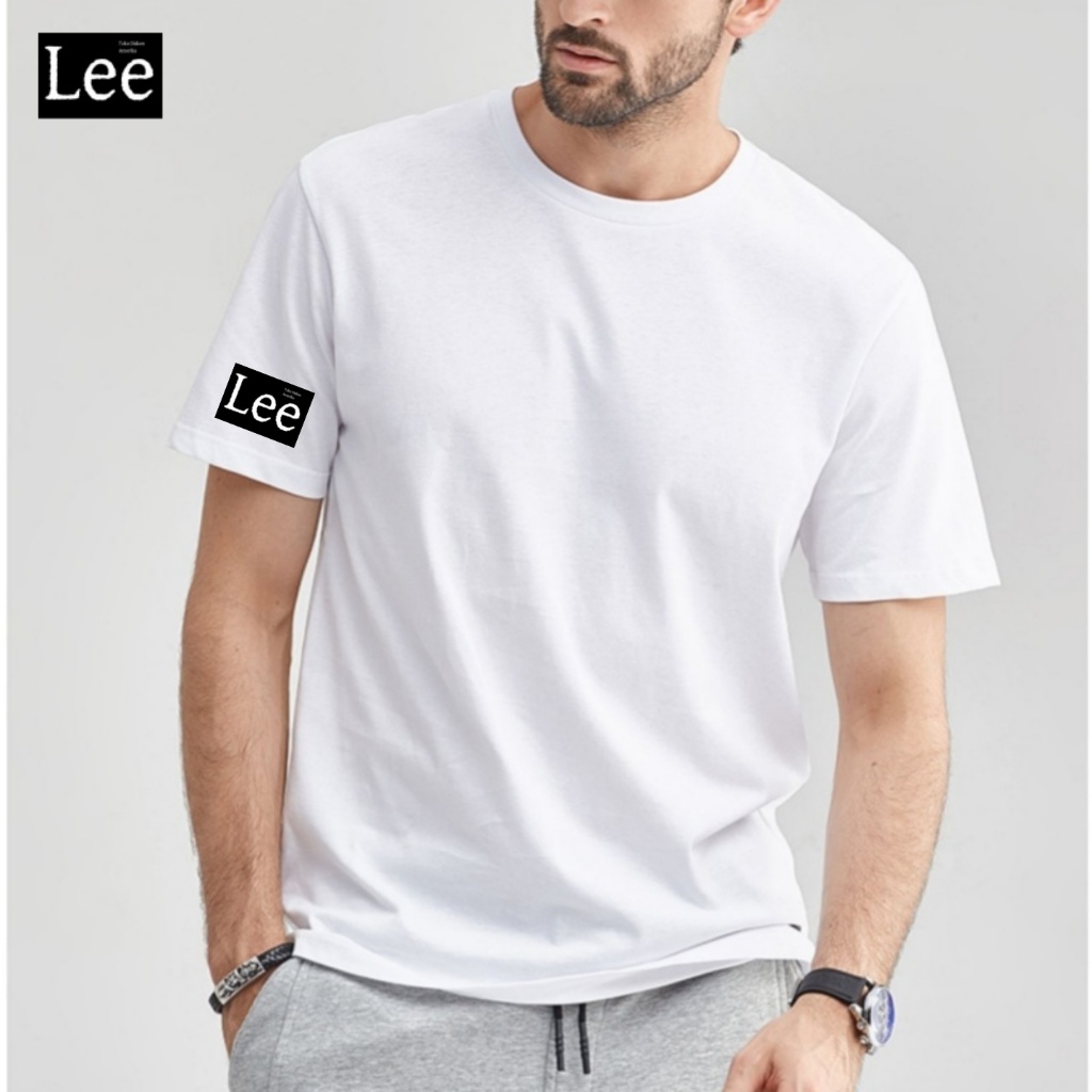 Kaos Oblong Pria Lee Putih Berkualitas, Bahan Lembut dan Adem, Dilengkapi Logo Eksklusif di Lengan, 