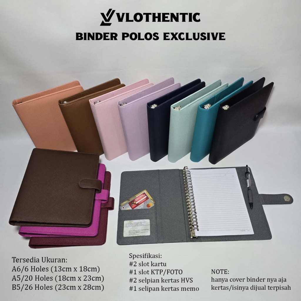 

Binder Polos Warna Exclusive Kulit Sintetis. Tersedia Ukuran A6/6 holes, A5/20 holes, B5/26 holes