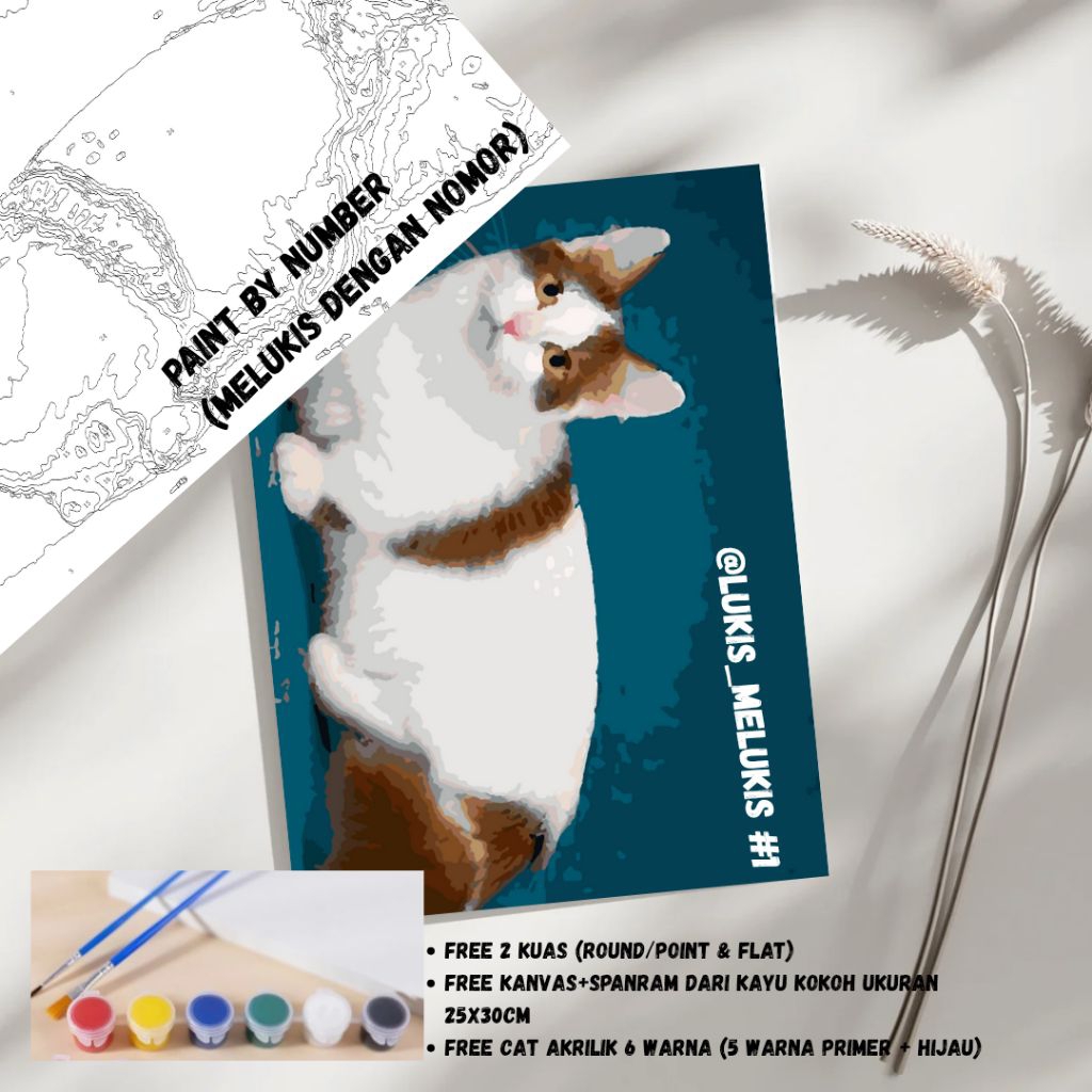 

Media Lukis Kanvas Paint by Number | Kucing | 25x30cm Free 2 kuas, Cat Lukis & spanram kayu
