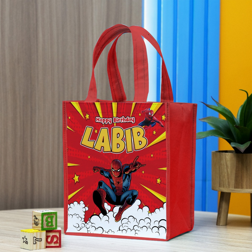 Tas Ulang Tahun Potrait Motif Spiderman, Tas Ulang Tahun Custom, Tas Ulang Tahun Anak 2 Hari Jadi