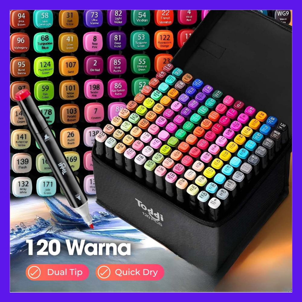 

Toddi Spidol Dual Side Fine Art Brush Art Marker Set 120 Warna Spidol Marker Spidol Sketsa Spidol