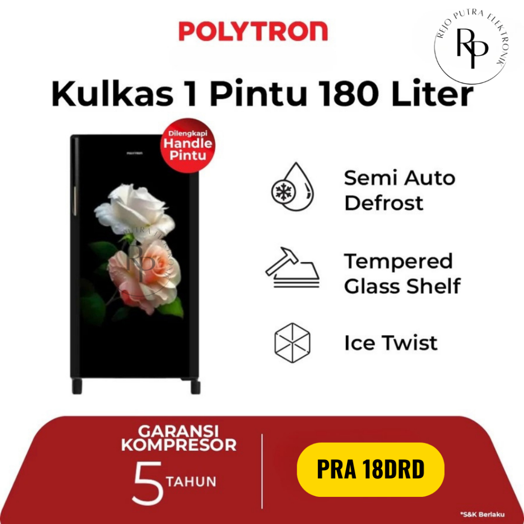 KULKAS POLYTRON 1 PINTU BELLEZA 180L PRA 18DRD HEMAT LISTRIK FREEZER BESAR PINTU TEMPERED GLASS