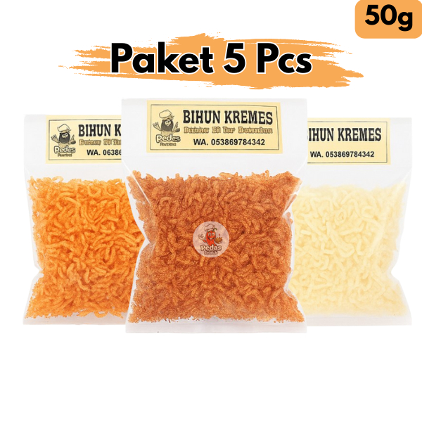 

5 pcs 50gr Bihun Kremes Pedas Super Renyah – Camilan Kering Gurih | Original, Pedas, Extra Pedas