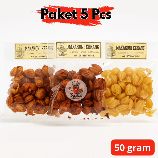 

5 pcs 50 gr Makaroni Kerang Pedas Gila – Snack Renyah Kering | Original, Pedas, Extra Pedas