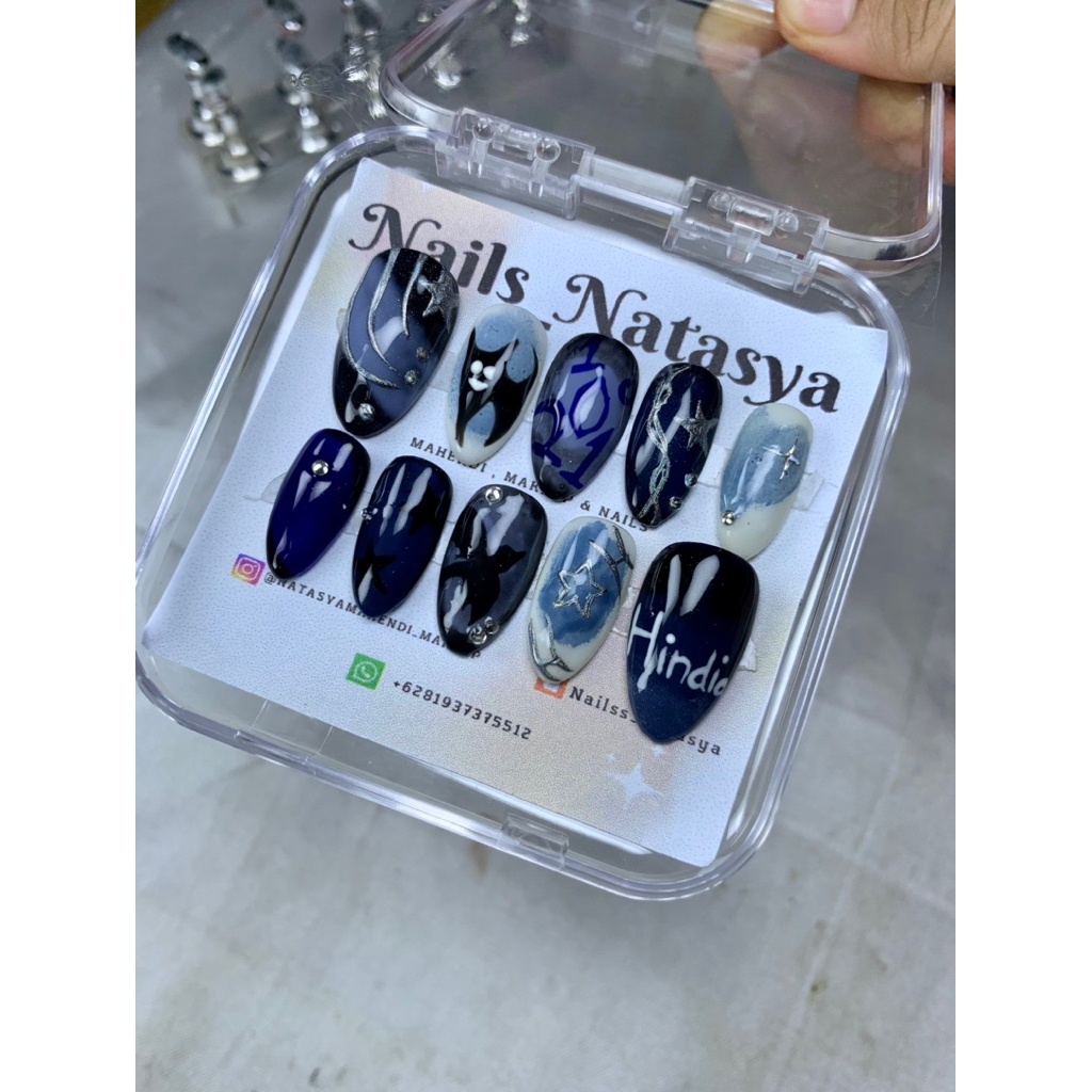 fake nails ,fake nails handmade, press on nails,blue back ,hindia, 10 pcs ,full motif ,free lem