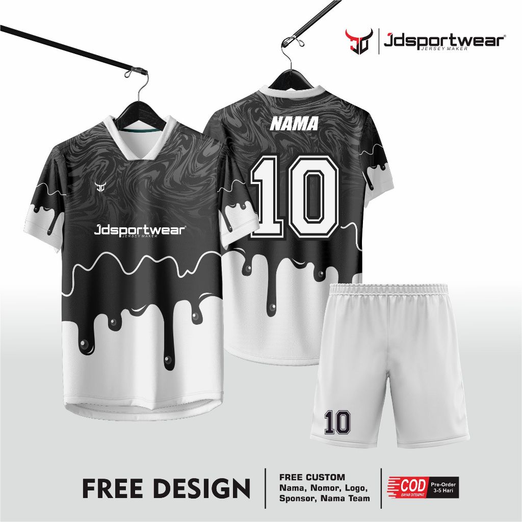 jersey futsal sepakbola full printing hitam putih custom satuan