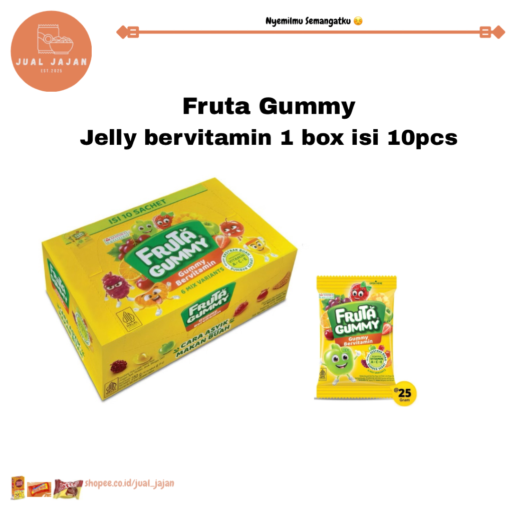 

Fruta Gummy jelly bervitamin 1 box isi 10 pcs / jelly anak / camilan sehat / camilan anak / jajan anak / jajan sehat