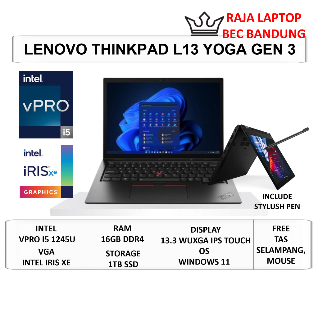 Laptop Lenovo Thinkpad L13 Yoga Gen 3 Intel Core i5 1245U Ram 16GB SSD 1TB 13.3" IPS Touchscreen