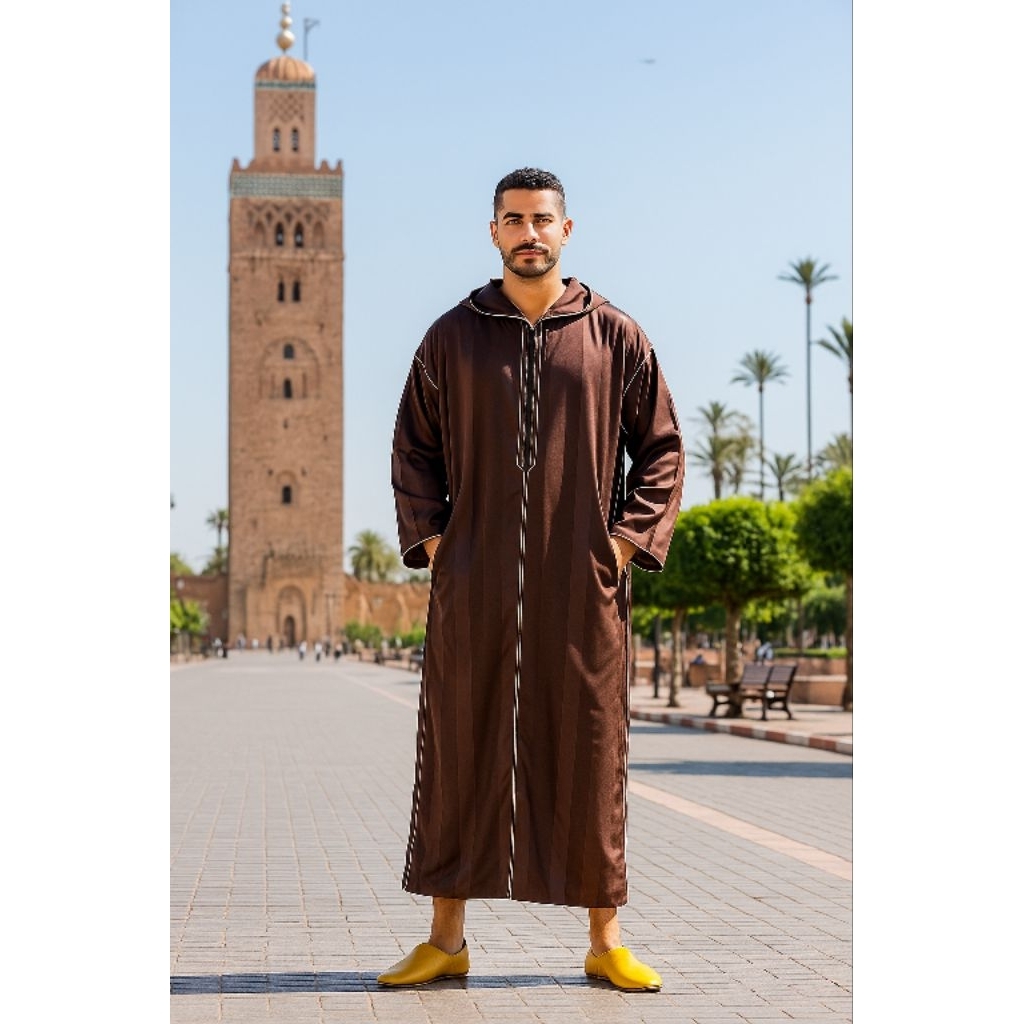 Baju Umroh Gamis Hoodie Djellaba Maroko Jalabah Jubah Kapucong Maroko Pria Polycotton Coklat Tua