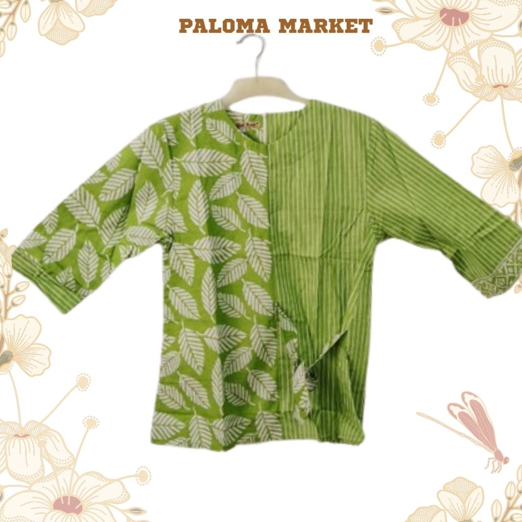 Blouse Batik Wanita Lengan Panjang Motif Daun Kombinasi Garis Hijau Modern