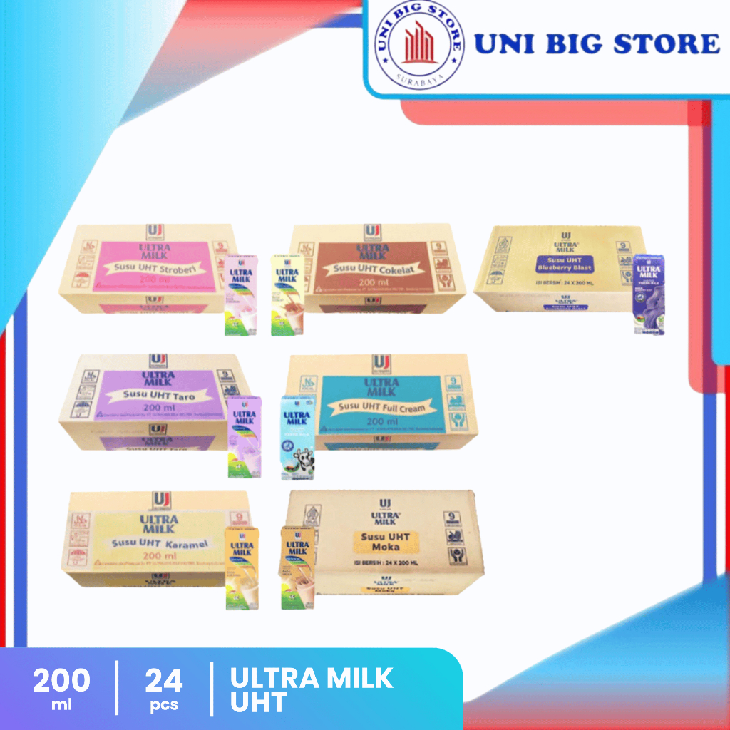 

Susu Ultra 200 ml Milk UHT Fullcream | Taro | Strawberry | Coklat | Caramel 200 ml x 24 PCS DUS