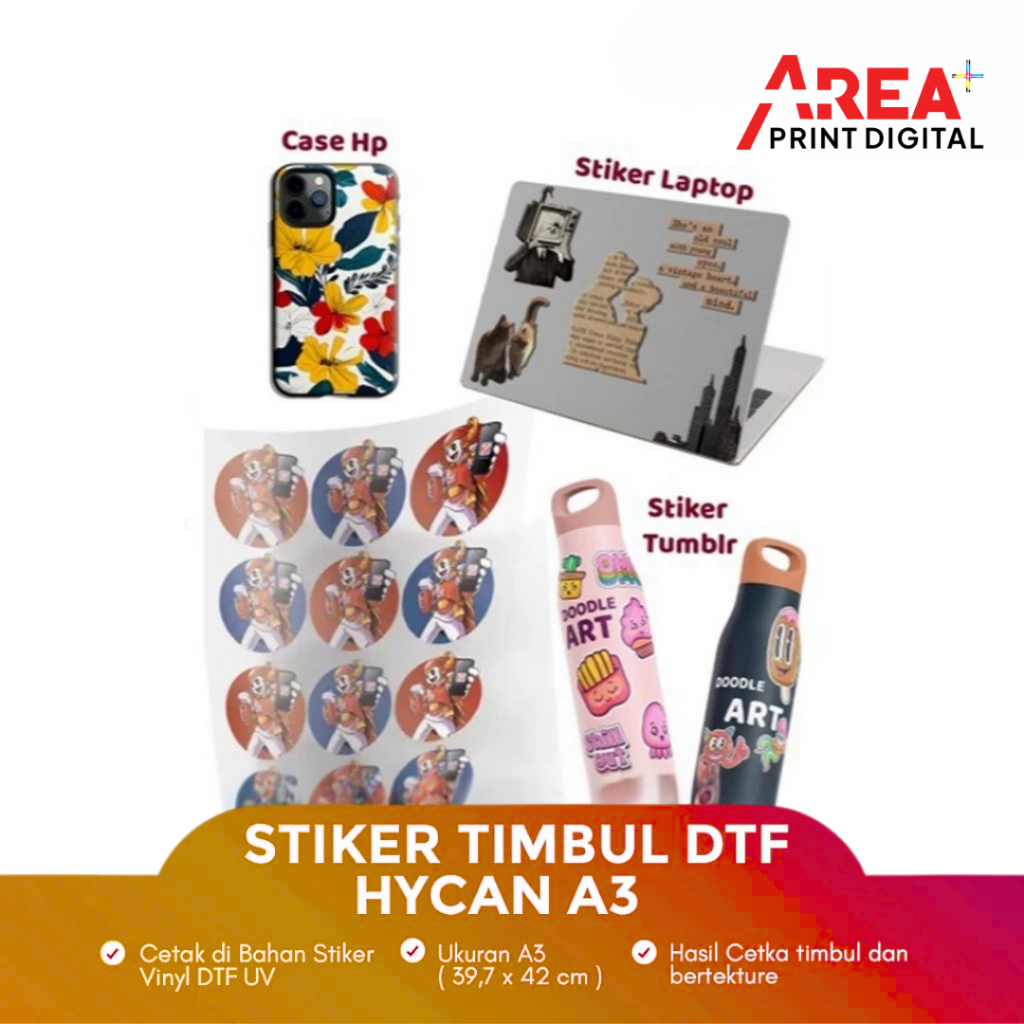 

Cetak Stiker Timbul UV DTF Hycan A3 Foil Gold 3D Tahan Air Presisi