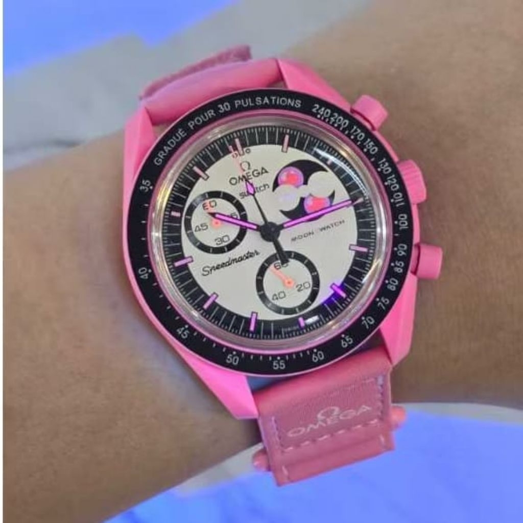 JAM TANGAN WANITA OMG SWATCH  MOONPHASE PINK