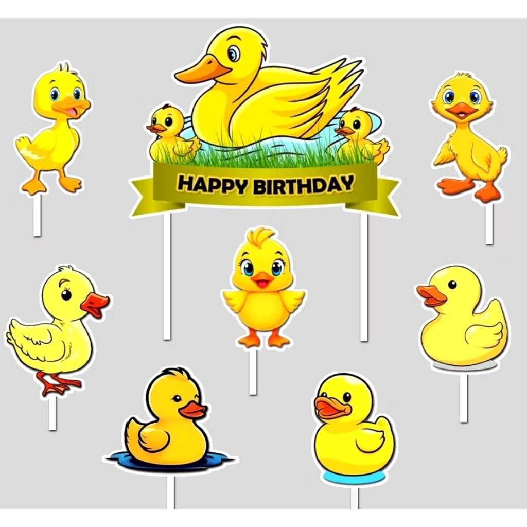 1 set topper hiasan tusukkan kue cake nasi tumpeng happy birthday ulang tahun karakter yellow duck b
