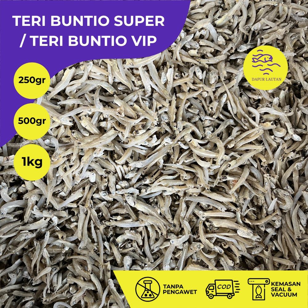 

Ikan Teri Buntio Kecil Super / Buntio Kering VIP Berat 250 gram, 500 gram & 1 kg