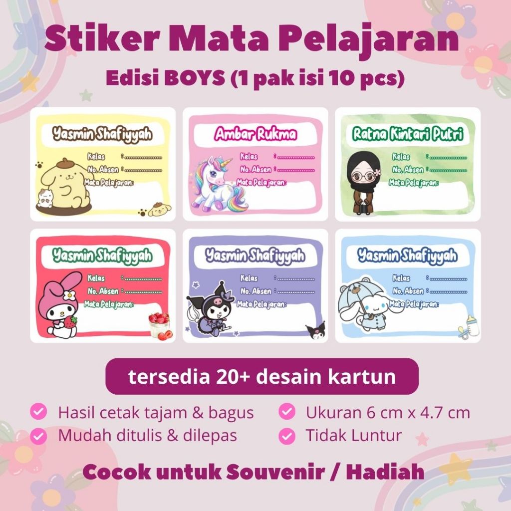 

Stiker Label Mata Pelajaran Anak Buku Tulis Karakter Anak Perempuan Sanrio Helo Kitty Pompompurin Kuromi Cinamoroll Melody Unicorn Anak Muslimah Princess