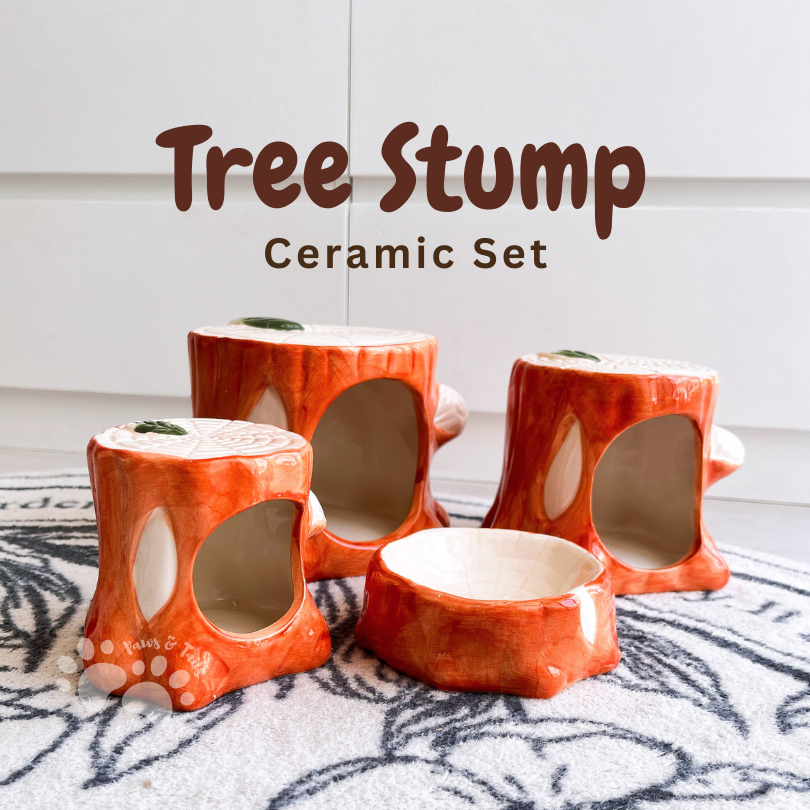 Tree Stump Rumah Keramik Hamster Set | Keramik Hamster | Tempat Makan Hamster | Rumah Hamster