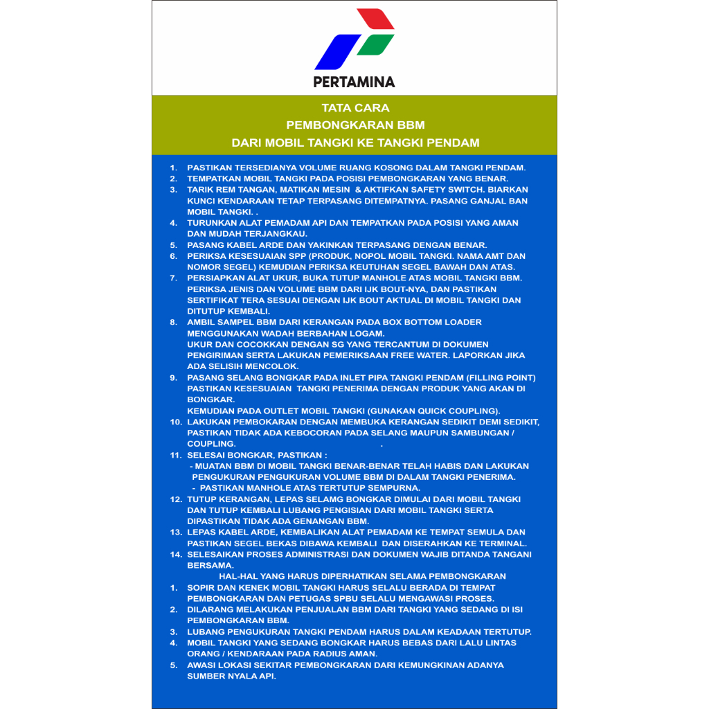 

STICKEER VINYL PREMIUM 14 LANGKAH AMAN CARA BONGKAR MUATAN BBM SPBU PERTAMINA