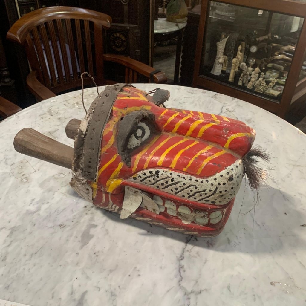 Topeng Kayu Ukir Tangan Barong Harimau Bali Lawas Jadul Tua