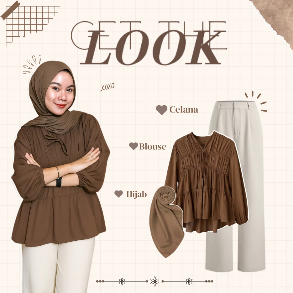 One Set 3in1 Choco Series Kekinian | Outfit Hang Out | OOTD Look | Blouse + Celana + Hijab - CM100N