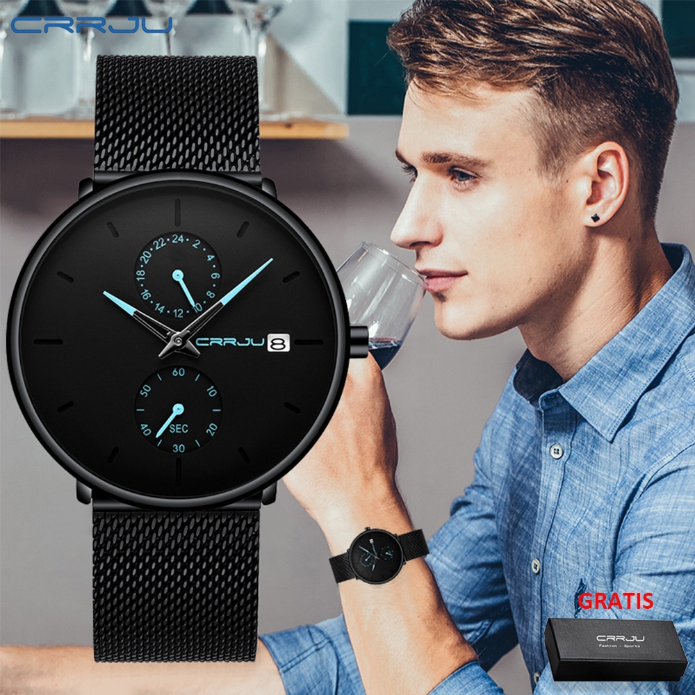 CRRJU Jam Tangan Pria Anti Air Fashion Keren Quartz Jala Baja Kuarsa Tahan ​Ultra-tipis Jam Cowok De